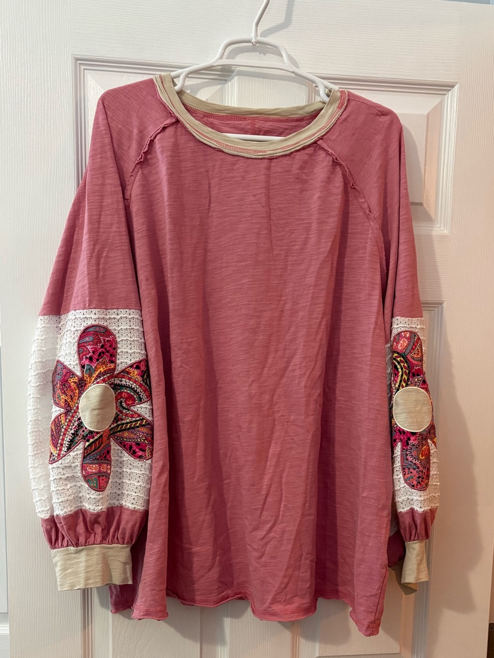 Women's Long Sleeve Pink Embroidered Sleeve Tee